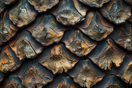 This close-up photo showcases the intricate patterns and texture of a pine trees bark, revealing its unique characteristics, Detailed texture of a pinecone, AI Generatedの素材