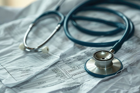 Stethoscope Laying on Top of Medical Chart, Detail shot of a stethoscope's earpiece lying atop a crumpled medical report, AI Generatedの素材