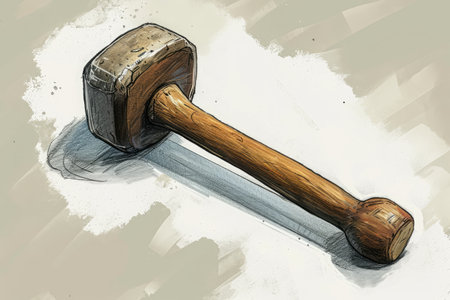 This photo showcases a meticulously drawn hammer with a sturdy wooden handle, Detailed illustration of a reflex hammer, AI Generatedの素材