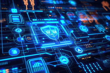 A computer screen displaying a shield, providing enhanced protection against potential threats, Diagram of a computer system with built-in cyber defences, AI Generatedの素材
