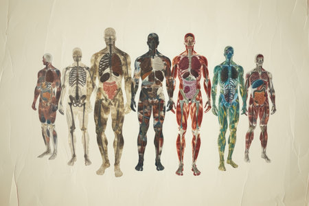A black and white drawing featuring a varied collection of human bodies, showcasing different shapes, sizes, and postures, Different human body systems blended into one image, AI Generatedの素材