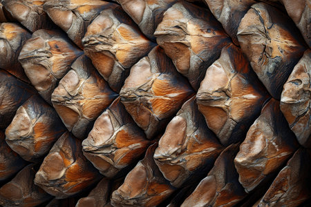 A detailed view of a brown pine cone, showcasing its intricate structure and the exposed seeds, Detailed texture of a pinecone, AI Generatedの素材
