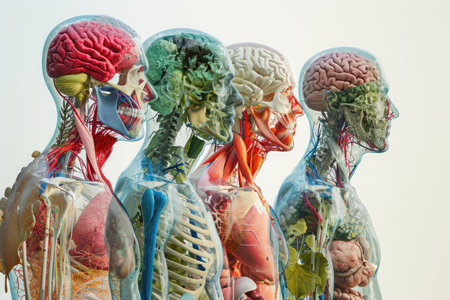 A collection of human anatomy models arranged in a straight line, showcasing the various body parts and systems, Different human body systems blended into one image, AI Generatedの素材