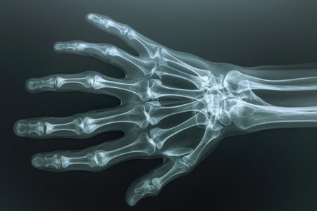 This x-ray image captures the bone structure of a hand and wrist in detail, revealing any fractures or abnormalities, Digital 3D X-ray of human hands, AI Generatedの素材