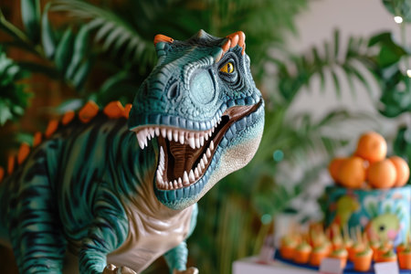 A detailed view of a toy dinosaur placed on a table, capturing its vibrant colors and intricate features, Dinosaur party for a cute Tyrannosaurus Rex's birthday, AI Generatedの素材