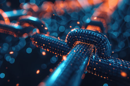 This close-up photo showcases a blue chain against a solid black background, highlighting its texture and color, Diving inside a blockchain: particles, contacts, and transactions, AI Generatedの素材