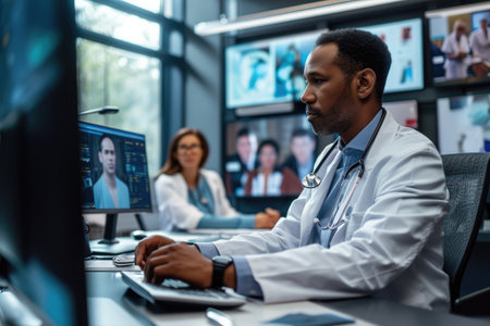 A doctor is seen sitting at a desk in front of a computer, diligently working on medical tasks, Diverse group of doctors in a telemedicine conference, AI Generatedの素材