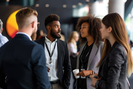 Group of People Engaged in Conversation at a Social Event, Diverse team of professionals networking at a business convention, AI Generatedの素材