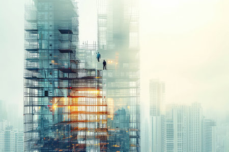 A man stands confidently on the rooftop of a towering skyscraper, gazing out at the sprawling city below, Double-exposure of an under-construction skyscraper and engineers at work, AI Generatedの素材