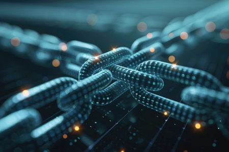 A close-up photograph capturing the detailed texture of a chain illuminated by vibrant lights in the background, Diving inside a blockchain: particles, contacts, and transactions, AI Generatedの素材