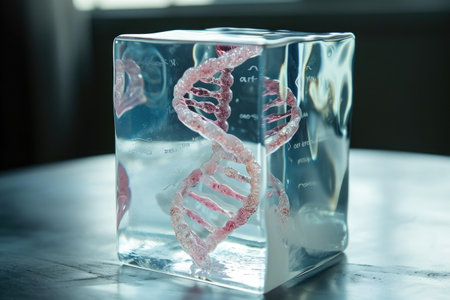This close-up photograph captures the clear details of a glass block resting on a table, DNA helix in a glass cube, AI Generatedの素材