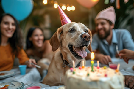Group of People Sitting Around a Table With a Dog, Dog owners and their pets celebrating at a dog birthday party, AI Generatedの素材