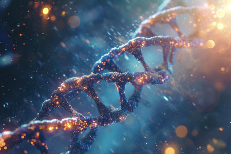 This close-up photo showcases the intricate details of a structure adorned in blue and gold colors, DNA strand manipulation under a microscope, AI Generatedの素材