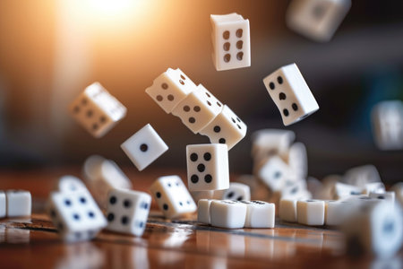 A detailed view capturing six dices arranged closely together on a table, showcasing their colorful sides and numbers, Domino pieces falling illustrating chain reaction in trading, AI Generatedの素材