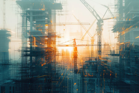 Busy City Under Construction With Extensive Scaffolding, Double exposure of engineering process and futuristic construction site, AI Generatedの素材