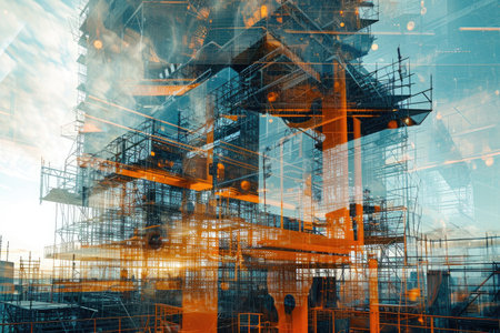 Renovation of a Large Building With Extensive Scaffolding, Double exposure of futuristic building construction and intricate designs, AI Generatedの素材