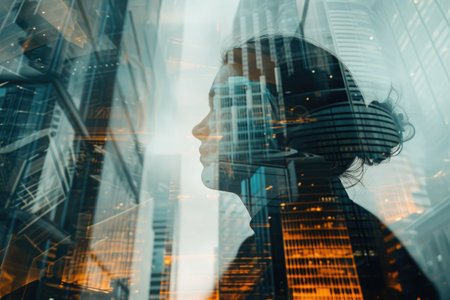 Double Exposure of a Womans Face in Urban Setting, Double exposure of model versus reality in futuristic building construction, AI Generatedの素材
