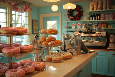 A counter filled with a variety of delicious donuts is placed next to a window, creating a tempting display, Doughnut shop kitchen closed for a holiday, AI Generatedの素材