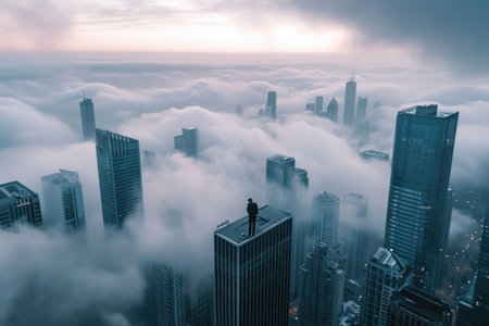 Man Standing on Top of Skyscraper Above the Clouds, Dreamlike city skyline with skyscrapers disappearing into the clouds, AI Generatedの素材