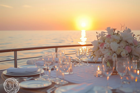 A dining table on a boat, adorned with elegant dinnerware and set against a backdrop of a colorful sunset over the water, Dreamy sunset wedding on a yacht, AI Generatedの素材