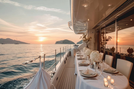 A wooden dining table set with chairs is placed on the deck of a boat, providing a comfortable space to enjoy meals while cruising, Dreamy sunset wedding on a yacht, AI Generatedの素材