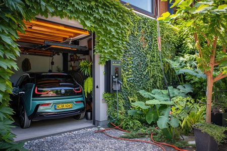 A car is parked in a garage where plants are growing on the walls, Electric vehicle charging in the garage of a sustainable green house, AI Generatedの素材