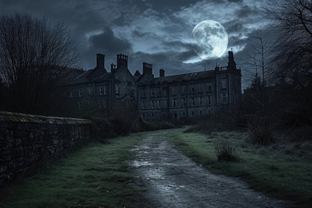 A chilling building stands against the backdrop of a full moon, evoking a sense of unease and mystery, Eerie path leading to a haunted asylum under moonlight, AI Generatedの素材