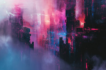 Abstract Painting of Pink and Blue Cityscape, Dystopian future world illustrated through abstract digital art, AI Generatedの素材