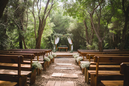 An outdoor ceremony setup featuring wooden benches and adorned with flowers, Eco-friendly outdoor wedding, AI Generatedの素材