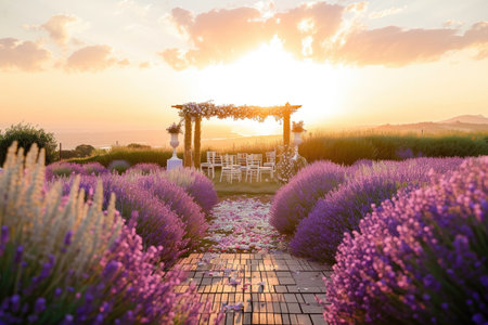 A vibrant sunset casts a golden glow over a garden filled with blooming lavender flowers, Elegant outdoor wedding decor in the middle of a lavender field during sunset, AI Generatedの素材