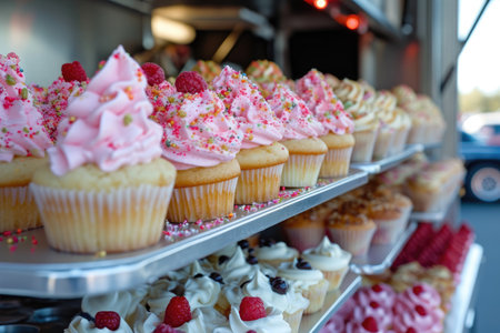 A colorful assortment of cupcakes neatly arranged on a shelf, showcasing different flavors and designs, Elegant food truck selling mini gourmet cupcakes, AI Generatedの素材
