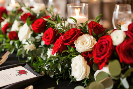 A row of red and white roses neatly arranged on a wooden table, Elegant black and white wedding with red roses, AI Generatedの素材
