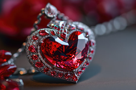 A close-up photo showcasing a red heart-shaped necklace with a delicate chain wrapped around it, Elegant heart-shaped jewel designs for a luxurious Valentine's Day, AI Generatedの素材