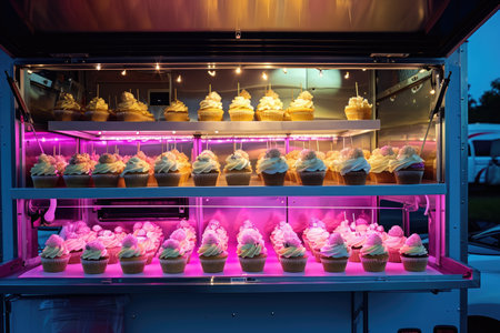 A display case showcasing a variety of scrumptious cupcakes in different flavors, colors, and designs, Elegant food truck selling mini gourmet cupcakes, AI Generatedの素材