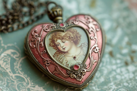 A close-up photo of a heart shaped lock with a womans picture inside, capturing the sentimentality of the object, Embellished heart-shaped locket in a vintage ValentineÃ¢â¬â¢s scene, AI Generatedの素材