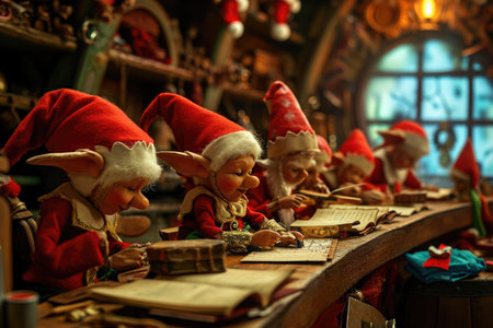 A collection of elf figurines gathered together, seated on the surface of a table, Elves busy at work in Santa's workshop, AI Generatedの素材
