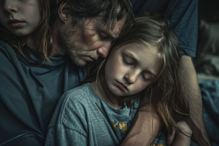 A man and a little girl are lying on top of each other, creating a heartwarming and playful scene, Emotional expression of a family affected by opioid addiction, AI Generatedの素材