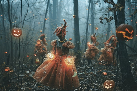 Group of People Dressed as Witches Gather in the Forest, Enchanted forest filled with magical creatures in fanciful Halloween dresses, AI Generatedの素材