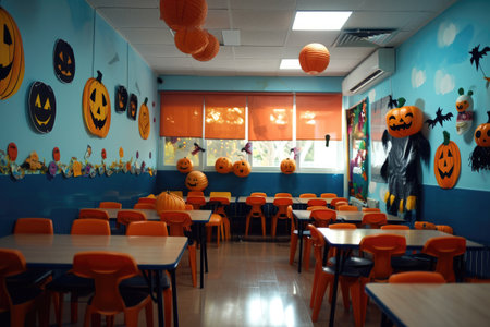 A large conference room filled with multiple tables and chairs arranged for meetings or events, Empty classroom with Halloween decorations, AI Generatedの素材