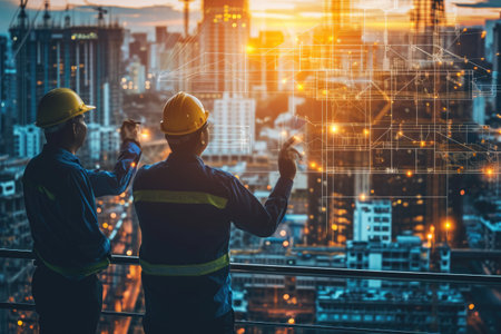 Two construction workers in hard hats standing on a rooftop, examining the panoramic view of the city below, Engineers using digital twin technology in a construction project, AI Generatedの素材