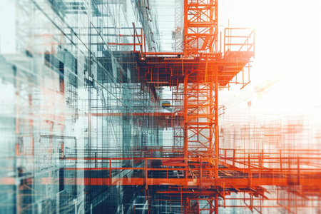 Tall Building With Orange Scaffolding, Engineering project visualized through double exposure of blueprints and in-progress constructions, AI Generatedの素材