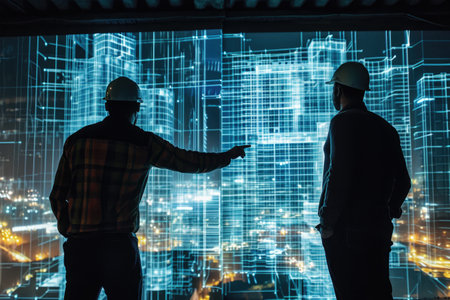 Two Men Standing in Front of a Large Screen at a Conference Event, Engineers working on a holographic projection of a future building, AI Generatedの素材