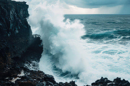 A massive wave forcefully collides with a rugged cliff, creating a dramatic display of natures raw power, Enormous wave pounding on a rocky cliff, AI Generatedの素材