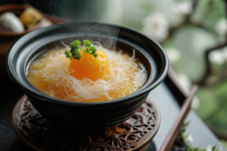 A bowl filled with nutritious food, featuring vibrant green broccoli as the main ingredient, Exotic delicacy of Bird's Nest Soup served in a luxury restaurant, AI Generatedの素材