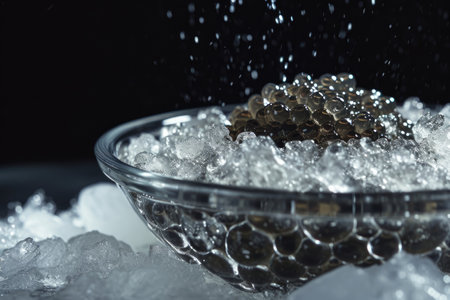 Glass Bowl Filled With Sugar on Top of Ice, Exquisite beluga caviar beautifully presented on ice, AI Generatedの素材