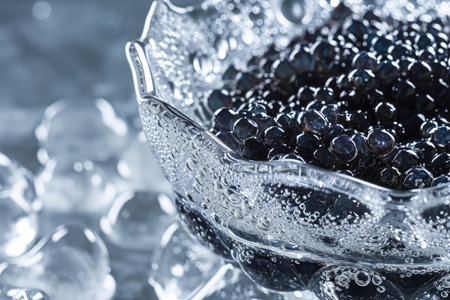 A single bowl filled with freshly picked blackberries rests atop a sturdy wooden table, Exquisite beluga caviar beautifully presented on ice, AI Generatedの素材