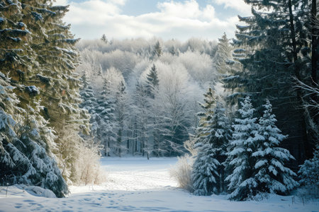 A photo showcasing a wintry forest covered in snow, with a multitude of trees creating a dense and picturesque landscape, Evergreen forest in the heart of winter, AI Generatedの素材