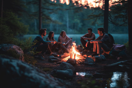 Group of Friends Sitting Around a Campfire, Roasting Marshmallows and Sharing Stories, Family and friends around a campfire, celebrating the end of a successful hiking trip, AI Generatedの素材