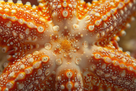 A detailed close-up photo of an orange and white starfish peacefully resting on the vibrant ocean floor, Extreme close-up of a starfish's surface, AI Generatedの素材