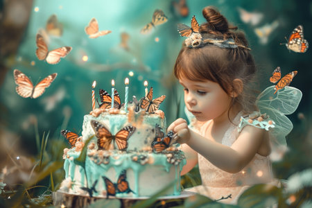 A young girl joyfully blows out candles on a beautifully decorated birthday cake surrounded by family and friends, Fairy and butterfly-filled magical birthday scene, AI Generatedの素材